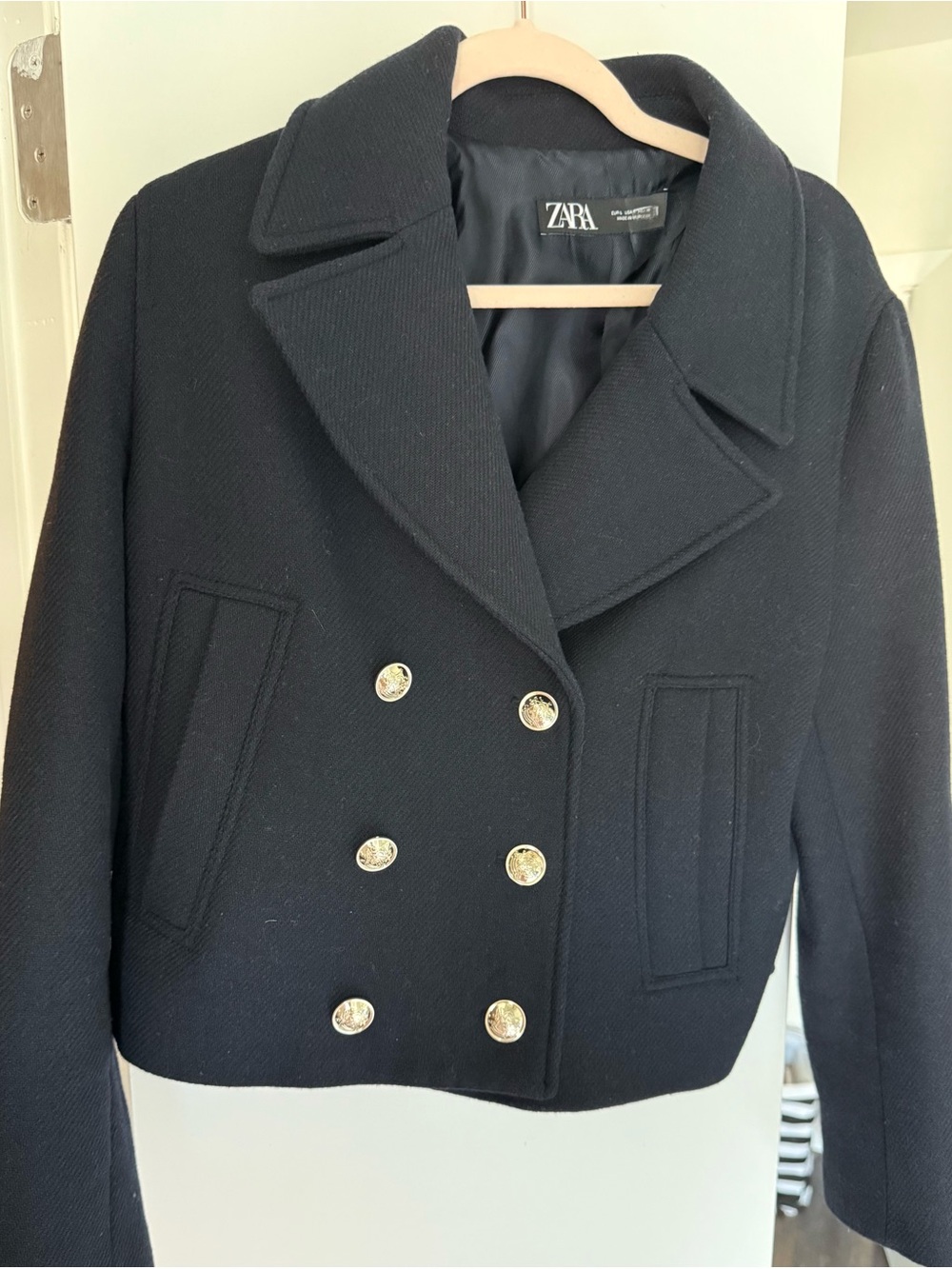 ZARA Women's navy blue Double-Breasted Peacoat with Gold Buttons